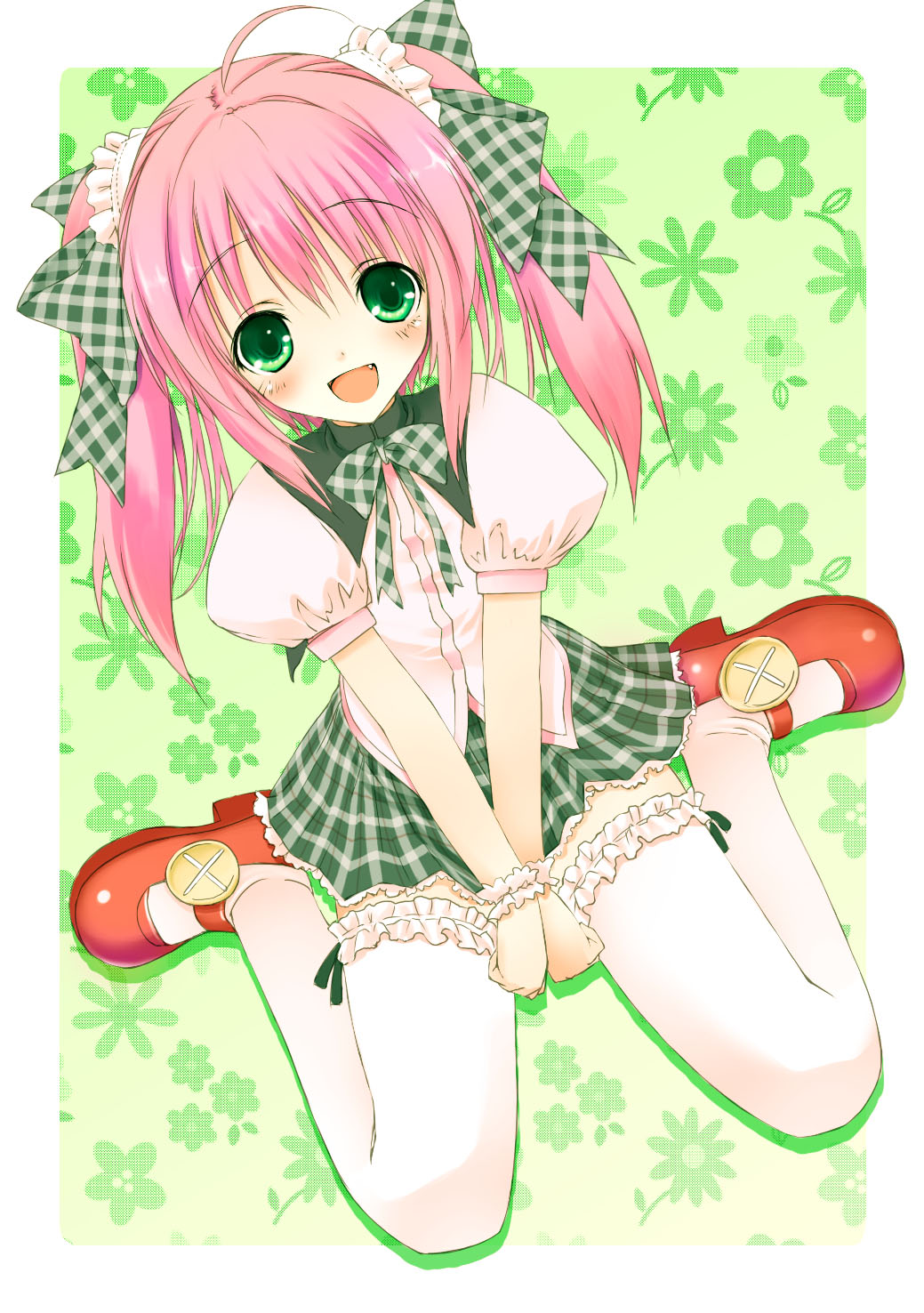 saeki touma, original, bad id, bad pixiv id, highres, jpeg artifacts, 1girl, blush, bow, bowtie, fang, female focus, flat chest, frilled thighhighs, frills, green eyes, hair ornament, hair ribbon, laughing, long hair, mary janes, miniskirt, open mouth, pink hair, plaid clothes, plaid skirt, ribbon, shoes, sitting, skirt, smile, solo, thighhighs, twintails, v arms, wariza, wrist cuffs, wristband, zettai ryouiki