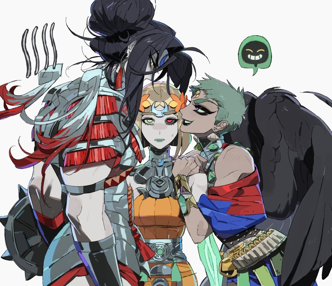bilidongdong, eris (hades), melinoe (hades), nemesis (hades), hades (series), hades 2, ancient greek clothes, armor, asymmetrical arms, black sclera, blonde hair, bone, breasts, colored sclera, dress, glowing arm, greco-roman clothes, green arm, green eyes, green lips, heterochromia, laurel crown, mismatched sclera, orange dress, red eyes, see-through body, short hair, skeletal arm, smile, wings