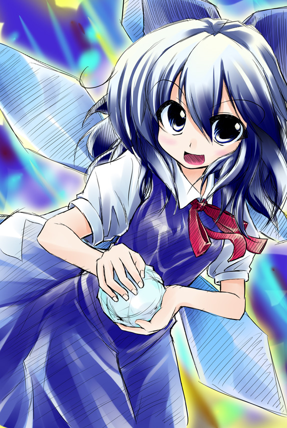 haruu, koharuu, cirno, embodiment of scarlet devil, touhou, 1girl, blue eyes, blue hair, female focus, holding, holding snowball, ice, matching hair/eyes, open mouth, ribbon, snowball, solo, wings