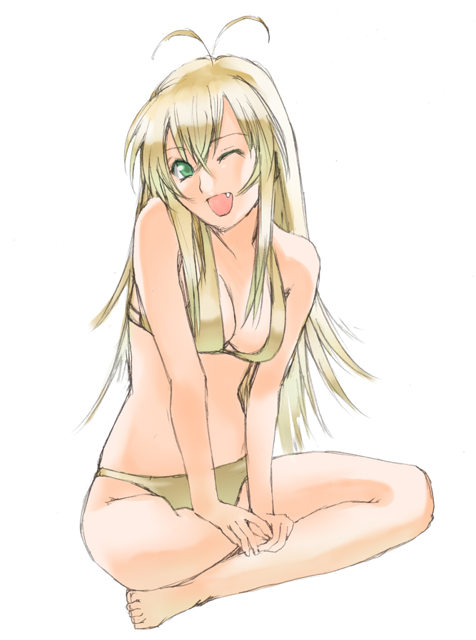 sen (sansui), sonsaku hakufu, ikkitousen, bad id, bad pixiv id, 00s, 1girl, antenna hair, barefoot, bikini, blonde hair, crossed legs, fang, female focus, green eyes, indian style, long hair, one eye closed, sitting, sketch, solo, swimsuit, wink, yellow bikini