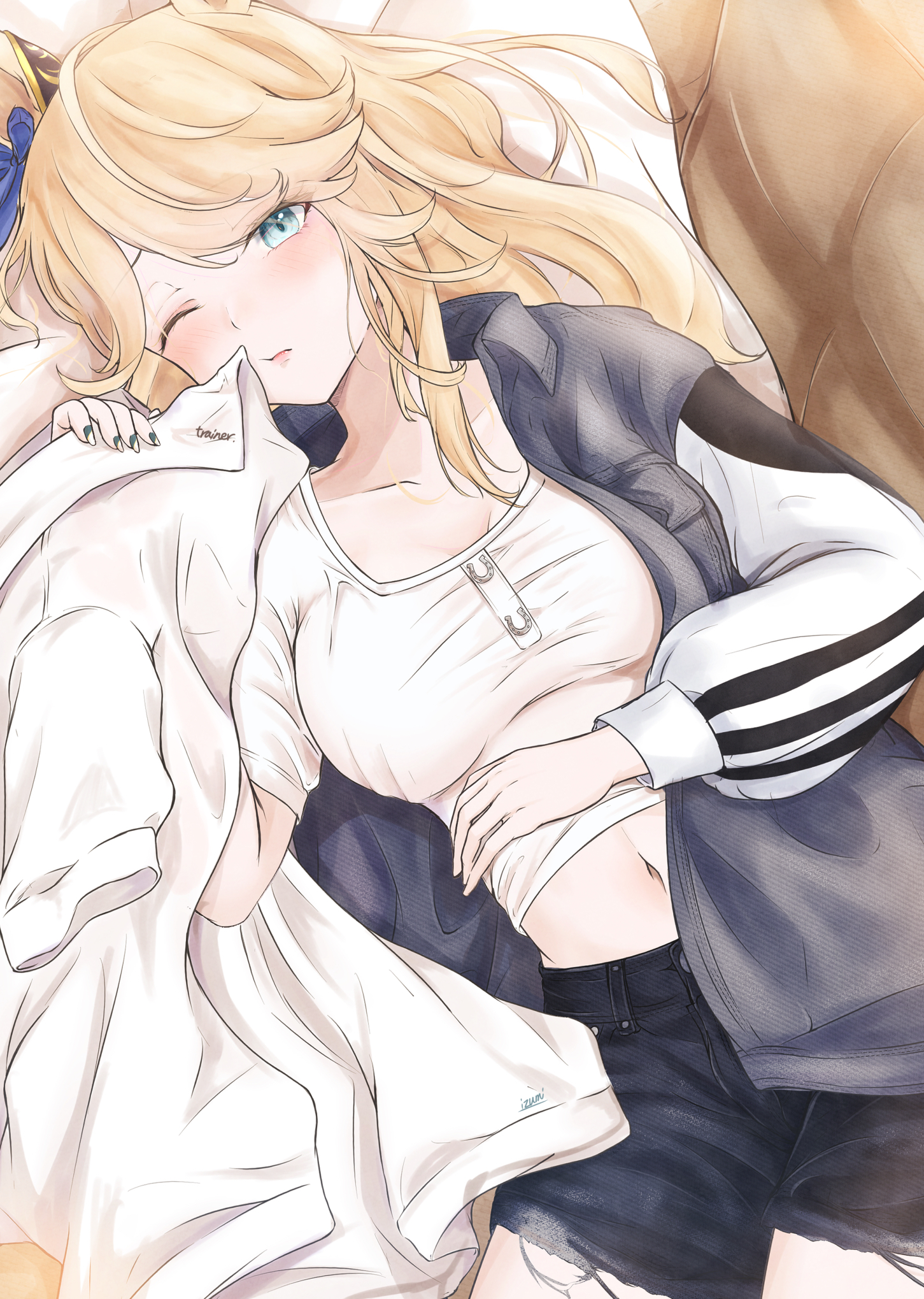 izuminnu, gold city (umamusume), umamusume, highres, 1girl, blonde hair, blue jacket, blue ribbon, blue shorts, blush, breasts, collarbone, collared shirt, couch, green eyes, hair ornament, holding, holding shirt, holding unworn clothes, jacket, long hair, lying, medium breasts, navel, on back, on couch, ribbon, shirt, short sleeves, shorts, solo, swept bangs, unworn shirt, white shirt