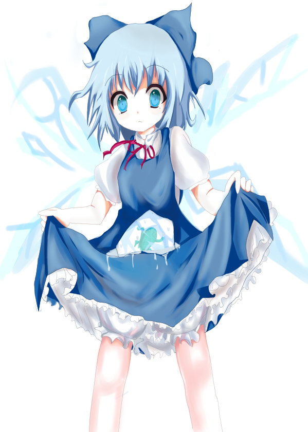 cirno, embodiment of scarlet devil, touhou, 1girl, bloomers, blue eyes, blue hair, bow, clothes lift, dress, dress lift, female focus, frog, hair bow, ice, matching hair/eyes, skirt basket, solo, underwear, white background, white bloomers, wings