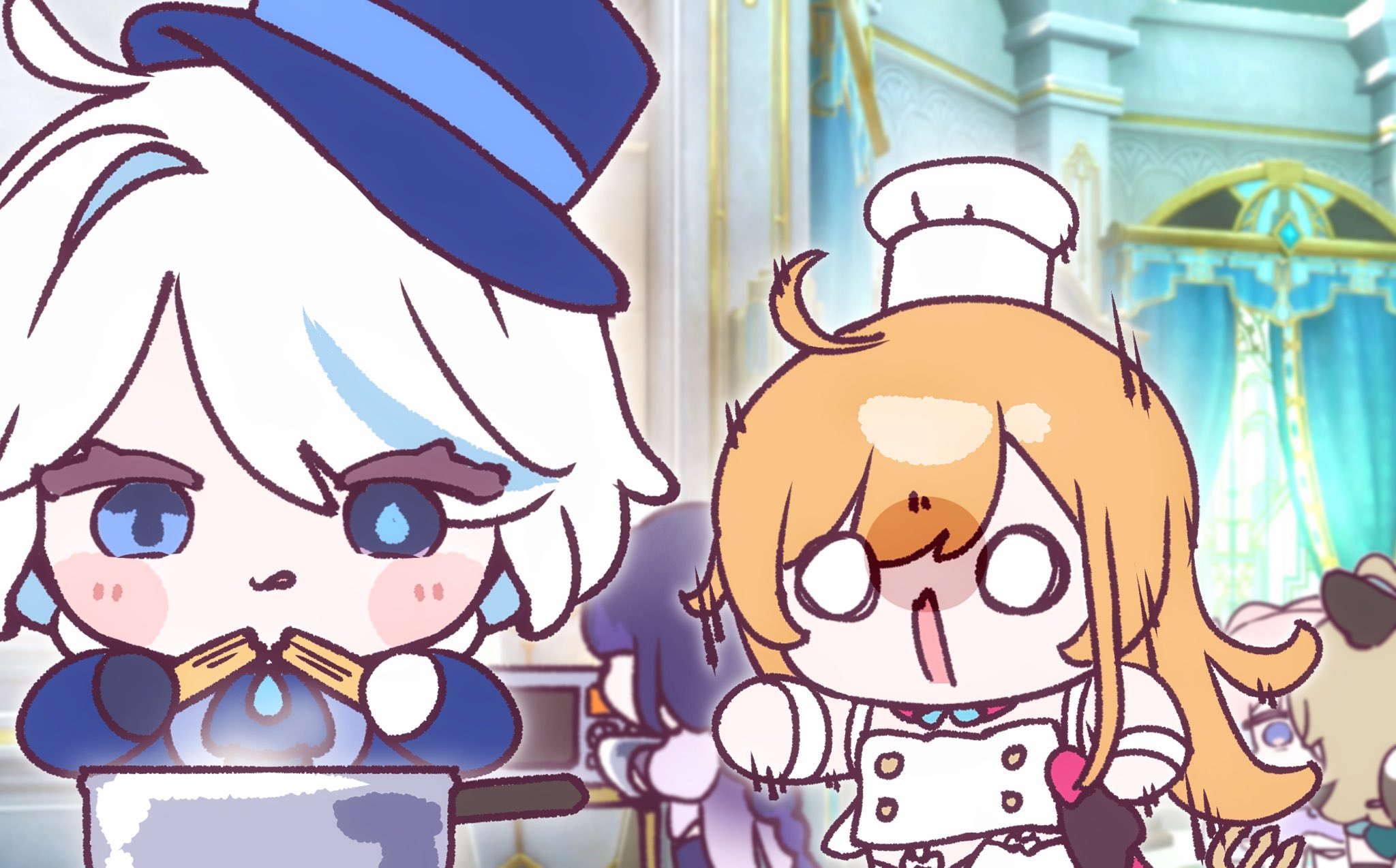 mikurumikurumi, escoffier (genshin impact), furina (genshin impact), kirara (genshin impact), raiden shogun, sangonomiya kokomi, genshin impact, highres, 5girls, apron, ascot, asymmetrical gloves, blue ascot, blue gemstone, blue hat, blue jacket, chef, chef hat, cooking, dress, drop-shaped pupils, eyelash ornament, food, gem, gloves, hat, heterochromia, jacket, long hair, mismatched gloves, mismatched pupils, multicolored hair, multiple girls, pasta, purple dress, purple hair, streaked hair, surprised, symbol-shaped pupils, top hat, waist apron, white hat