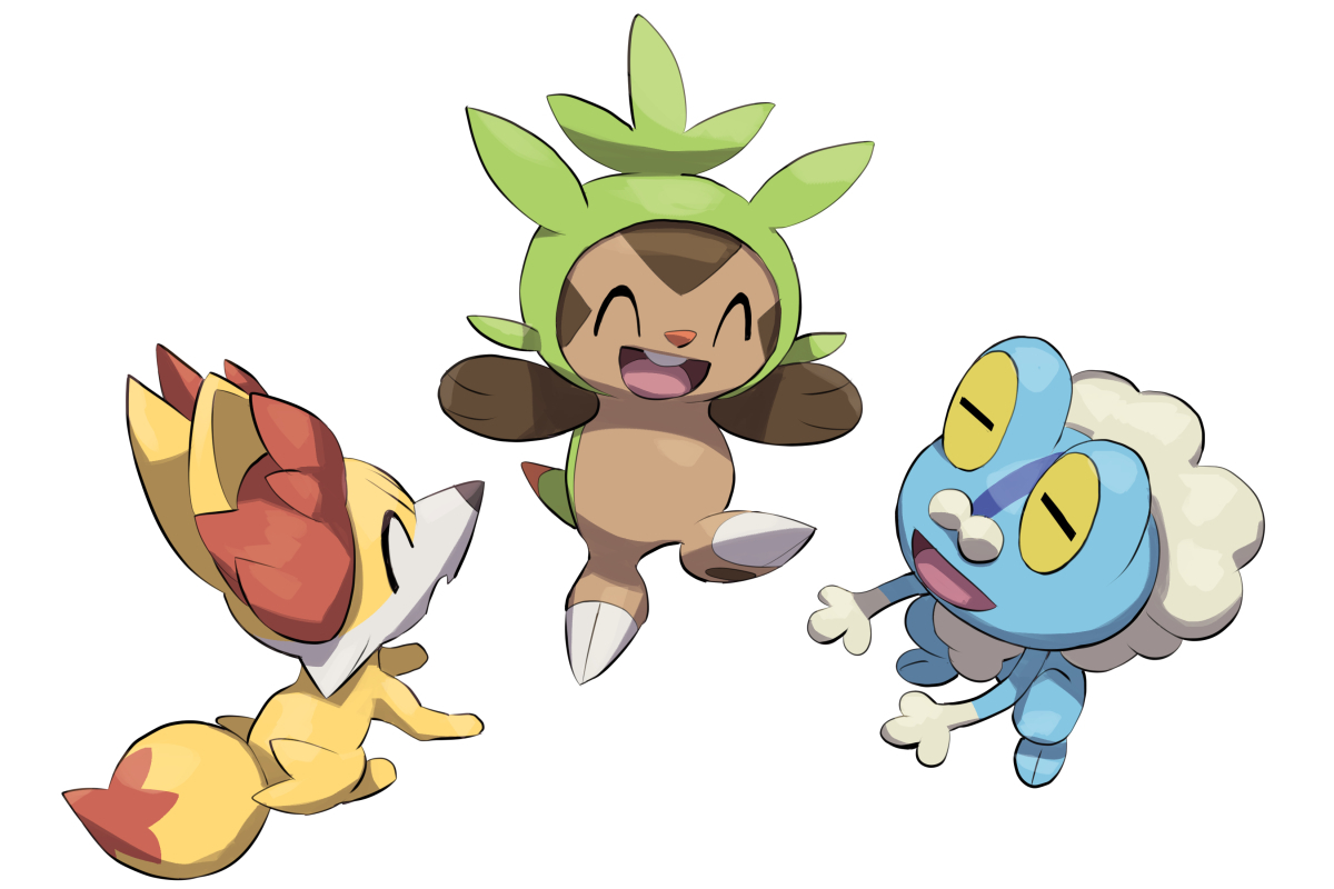 makoto ikemu, chespin, fennekin, froakie, nintendo, pokemon, commentary request, = =, ^ ^, closed eyes, full body, gen 6 pokemon, no humans, open mouth, pokemon (creature), pokemon focus, simple background, smile, starter pokemon trio, teeth, upper teeth only, white background