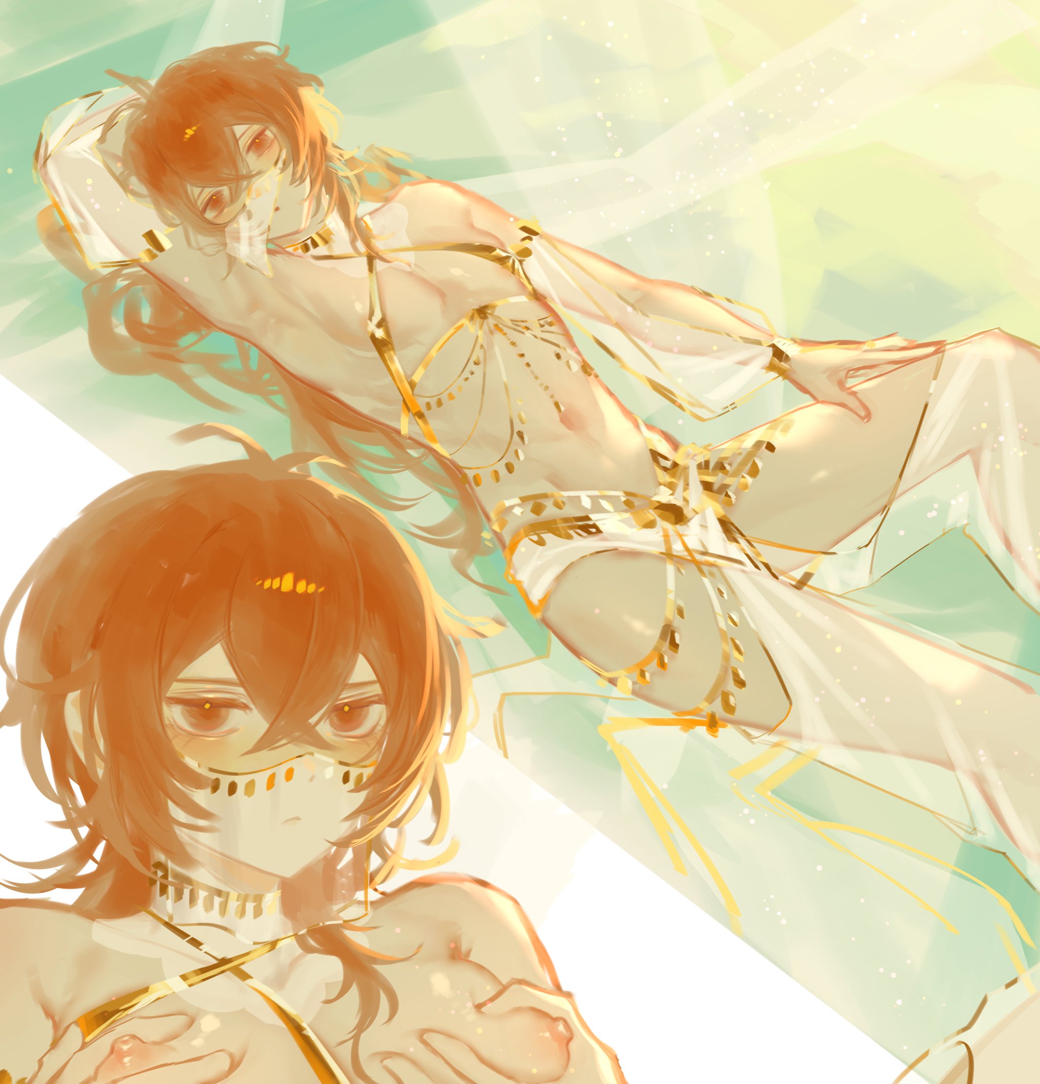 zehuij, diluc (genshin impact), genshin impact, clothing request, highres, 1boy, arm up, armpits, blush, closed mouth, grabbing own pectoral, hair between eyes, long hair, looking at viewer, male focus, multiple views, nipples, red eyes, red hair, revealing clothes, thighs