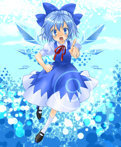 tomoyo (tmy), cirno, phantasmagoria of flower view, touhou, lowres, 1girl, black shoes, blue eyes, blue hair, blue theme, circled 9, female focus, hand on own hip, ice, matching hair/eyes, shoes, socks, solo, white socks