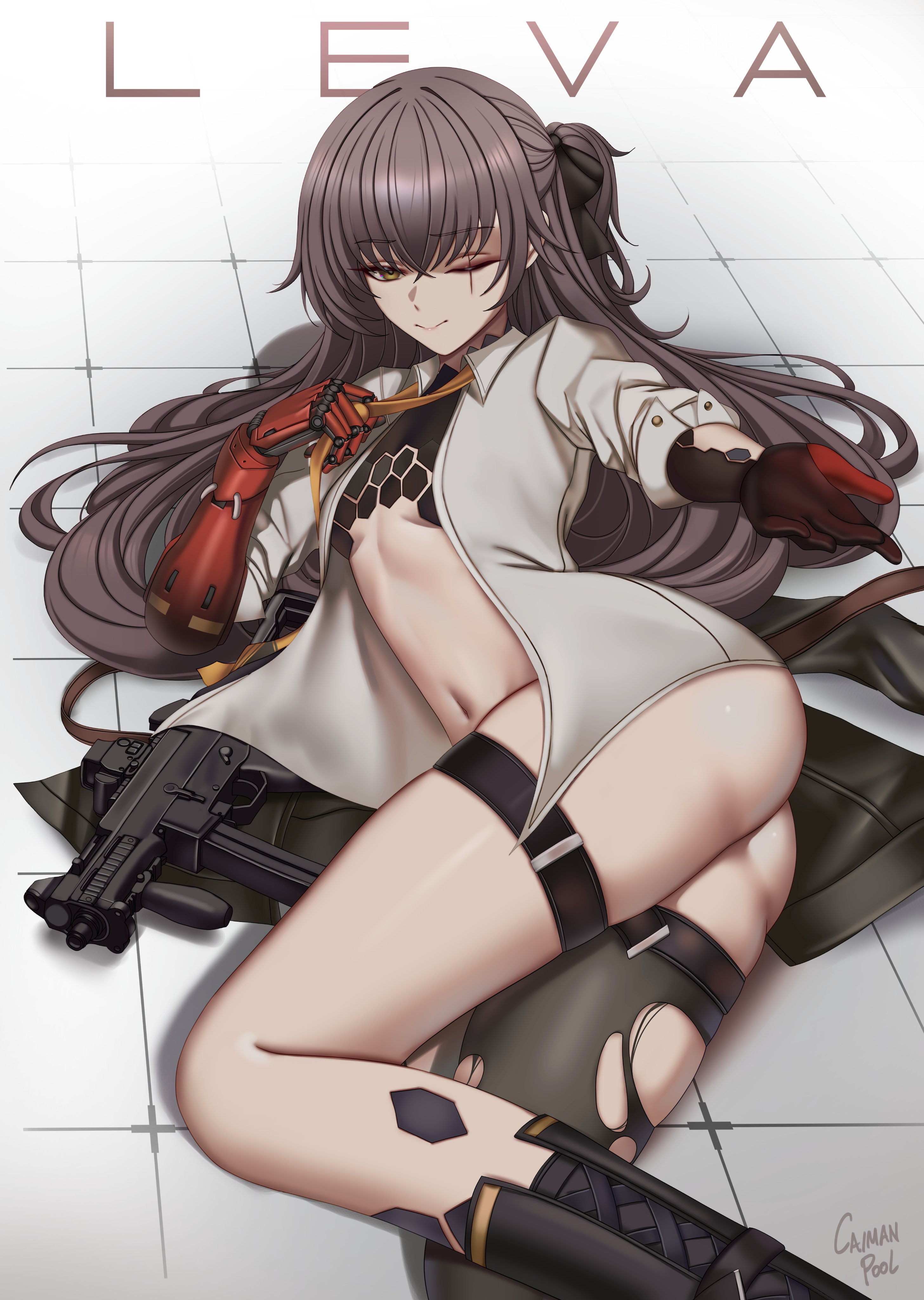 caiman pool, leva (girls' frontline 2), ump45 (girls' frontline), girls' frontline, girls' frontline 2: exilium, absurdres, commentary, english commentary, highres, 1girl, adjusting clothes, adjusting necktie, artist name, ass, black boots, boots, breasts, brown eyes, character name, closed mouth, collared shirt, gun, h&k ump, looking at viewer, lying, mechanical arms, naked shirt, navel, necktie, on side, one eye closed, one side up, open clothes, open shirt, prosthesis, prosthetic arm, scar, scar across eye, scar on face, shirt, simple background, single mechanical arm, small breasts, solo, submachine gun, thighhighs, tile floor, tiles, torn clothes, torn thighhighs, weapon, white shirt, yellow necktie