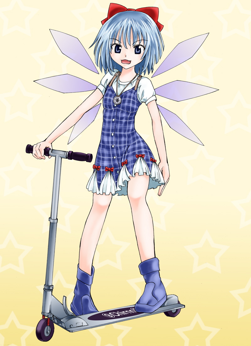 kabaji, cirno, touhou, vehicle, 1girl, adapted costume, blue boots, boots, circled 9, dress, fang, female focus, full body, gradient background, kick scooter, plaid clothes, plaid dress, solo