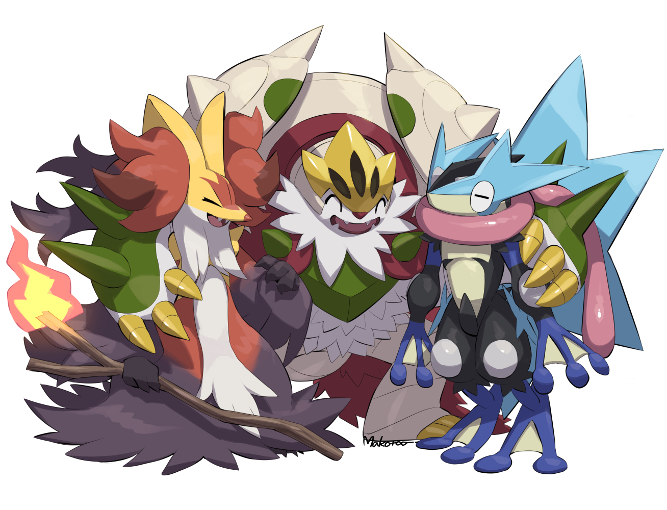 makoto ikemu, chesnaught, delphox, greninja, mega chesnaught, mega delphox, mega greninja, nintendo, pokemon, commentary request, = =, ^ ^, artist name, claws, closed eyes, fangs, fire, gen 6 pokemon, hand on another's shoulder, holding, holding stick, long tongue, mega pokemon, open mouth, pokemon (creature), pokemon focus, simple background, smile, spikes, standing, starter pokemon trio, stick, tongue, very long tongue, white background