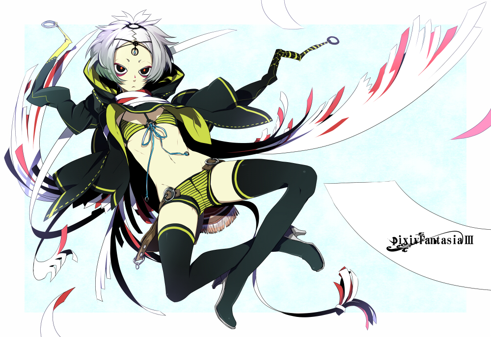 mohikan5, pixiv fantasia, pixiv fantasia 3, bad id, bad pixiv id, 1girl, amputee, bra, female focus, flat chest, jacket, legs, lingerie, panties, short hair, solo, spread legs, thighhighs, underwear