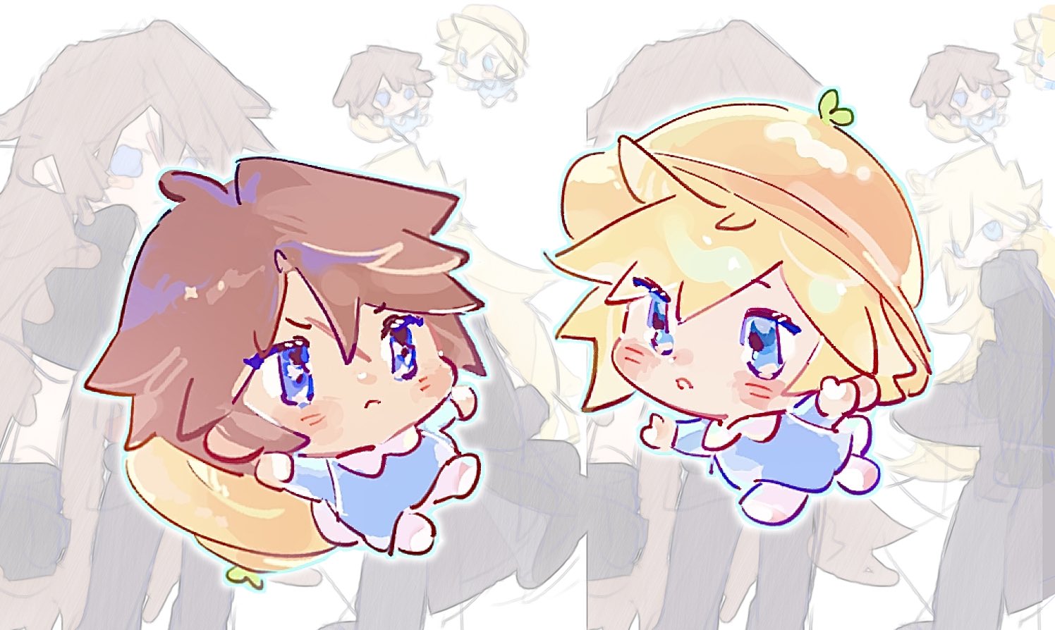 lily (shio1006), cloud strife, squall leonhart, final fantasy, final fantasy vii, final fantasy viii, 2boys, arms up, blue eyes, blue outline, blue shirt, brown hair, chibi, chibi only, full body, hat, kindergarten uniform, light frown, male focus, multiple boys, multiple views, outline, scar, scar on face, school hat, shirt, short hair, socks, spiked hair, unworn hat, unworn headwear, white socks
