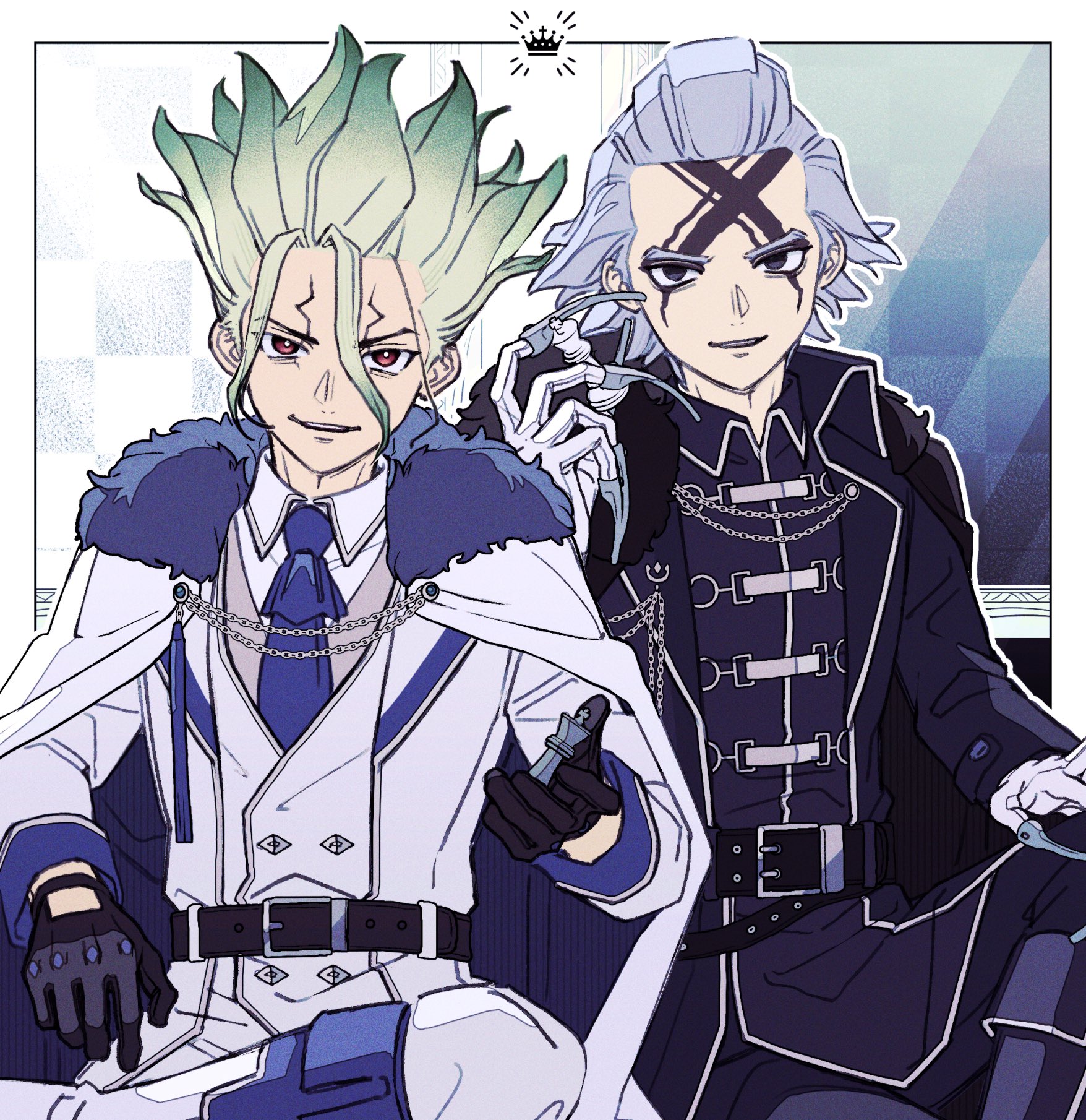 ishigami senkuu, dr. stone, highres, non-web source, 2boys, belt, black belt, black eyes, black gloves, black jacket, black pants, blue necktie, boots, cape, chess piece, coat, collared shirt, cracked skin, crossed legs, crown, facial mark, forehead mark, fur-trimmed coat, fur trim, gloves, gradient hair, green hair, grey hair, hair between eyes, hair slicked back, holding, jacket, long sleeves, looking at viewer, makeup, male focus, multicolored hair, multiple boys, necktie, pants, red eyes, shirt, short hair, siemiruv, sitting, smile, spiked hair, two-tone hair, white cape, white coat, white gloves, white jacket, white pants, xeno (dr.stone)