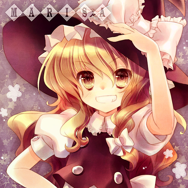 gotou nao, yashiro satoshika, yashiro seika, kirisame marisa, touhou, colorized, 1girl, blonde hair, brown eyes, brown hair, female focus, grin, hand on headwear, hand on own hip, hat, long hair, smile, solo, upper body, witch, witch hat