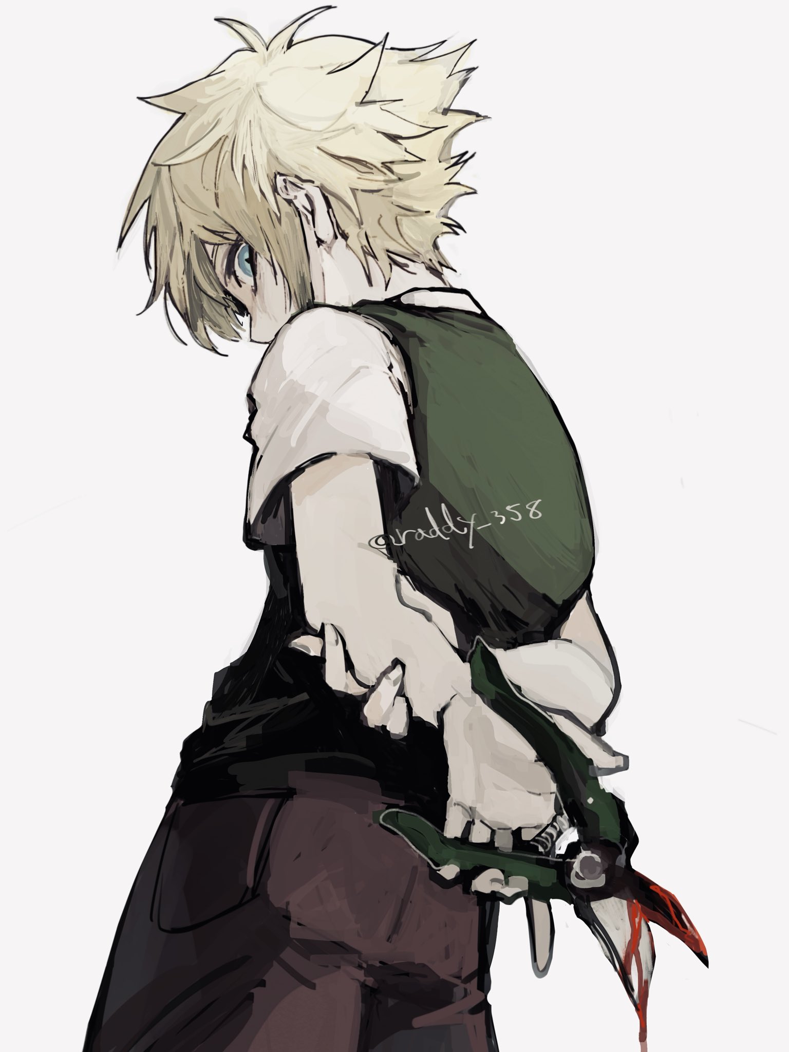 raddy 358, basil (faraway) (omori), basil (omori), omori, highres, 1boy, antenna hair, arms behind back, blonde hair, blood, blue eyes, brown shorts, collared shirt, gardening shears, green sweater vest, looking at viewer, male focus, shirt, short hair, short sleeves, shorts, sidelocks, simple background, solo, sweater vest, twitter username, white background, white shirt