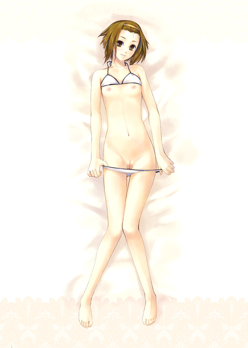 kirishima satoshi, tainaka ritsu, k-on!, bad id, bad pixiv id, highres, 00s, 1girl, barefoot, bikini, bikini pull, bikini top lift, brown eyes, brown hair, clothes lift, clothes pull, dakimakura (medium), feet, female focus, flat chest, hairband, legs, lying, nipples, pulling own clothes, pussy, short hair, solo, swimsuit, uncensored, undressing, white bikini