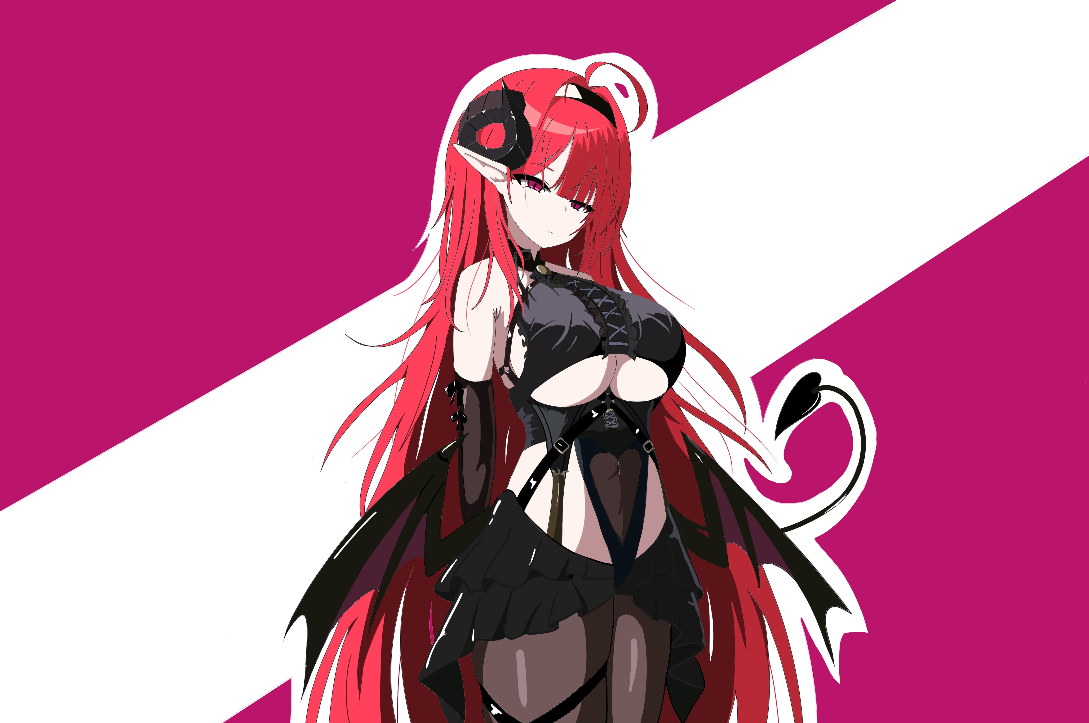 erciyuan fan mou, hindenburg (azur lane), azur lane, absurdres, commentary request, highres, 1girl, ahoge, black skirt, breasts, center frills, clothing cutout, cowboy shot, demon girl, demon horns, demon tail, demon wings, frills, heart cutout, horns, large breasts, long hair, low wings, miniskirt, purple background, red eyes, red hair, simple background, skirt, solo, tail, two-tone background, underboob, underboob cutout, very long hair, white background, wings