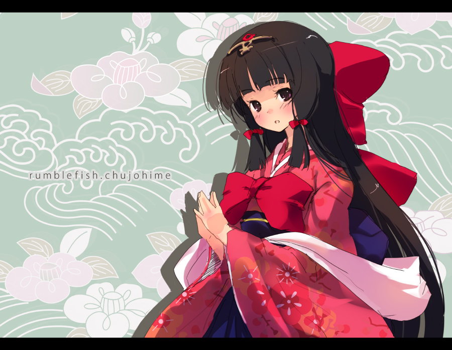 refeia, original, 1girl, black hair, blush, bow, brown eyes, brown hair, female focus, floral print, hair bow, hair ribbon, head tilt, japanese clothes, kimono, long hair, looking at viewer, multiple hair bows, obi, own hands together, ribbon, sash, sidelocks, solo, very long hair
