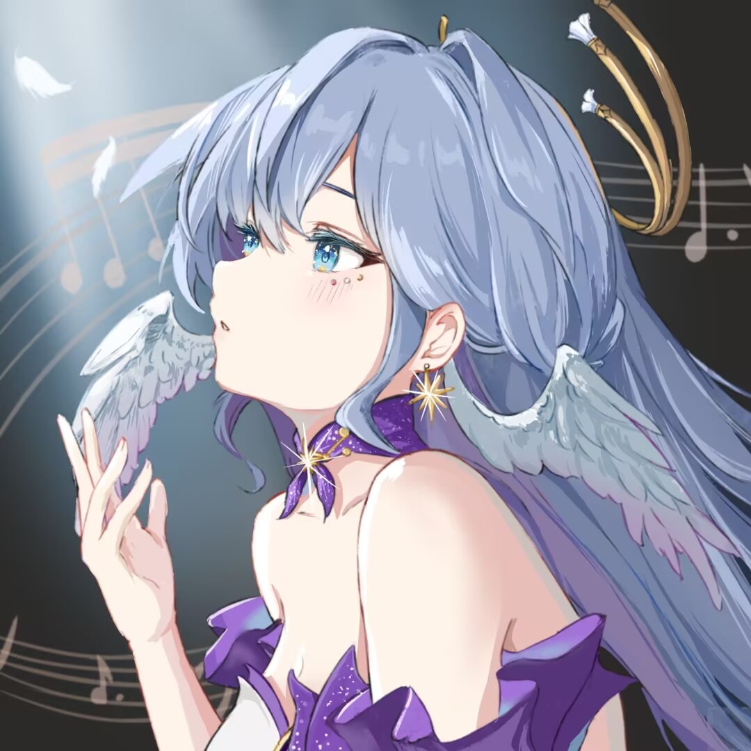 robin (honkai: star rail), honkai: star rail, honkai (series), 1girl, bare shoulders, blue eyes, choker, grey hair, hakugyokurou no oojou-sama, head wings, long hair, musical note, musical staff, parted lips, purple choker, solo, upper body, wings