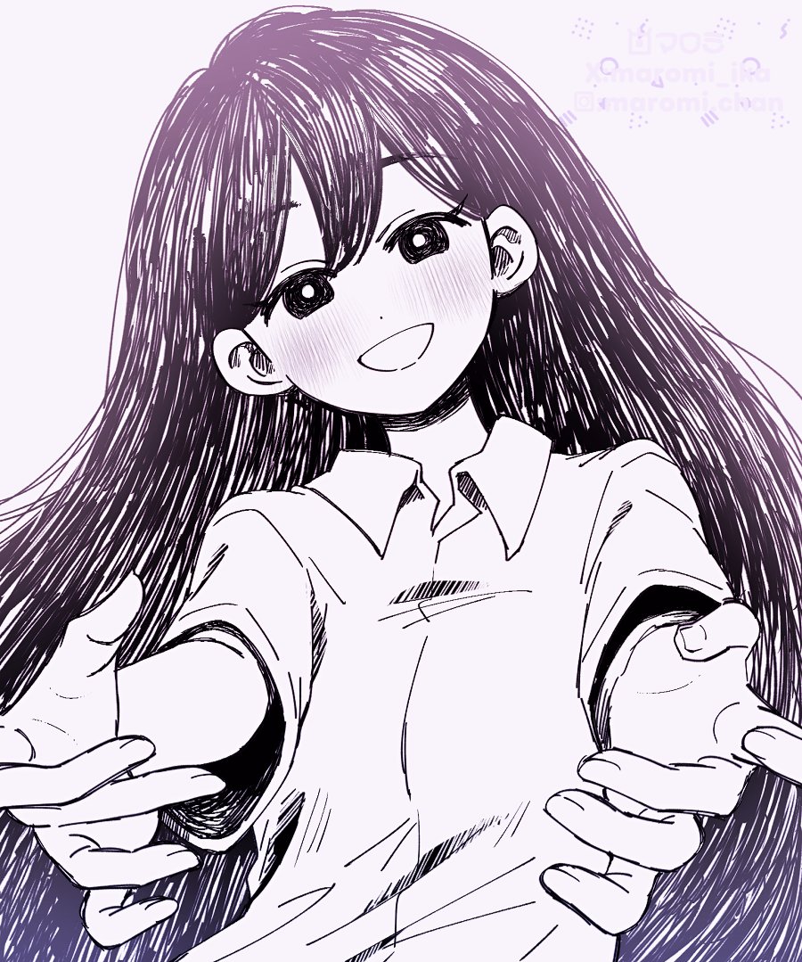 maromichan, mari (faraway) (omori), mari (omori), omori, 1girl, blush, bright pupils, collared shirt, double-parted bangs, greyscale, hair between eyes, long hair, looking at viewer, monochrome, open mouth, outstretched arms, shirt, short sleeves, smile, solo, twitter username, upper body