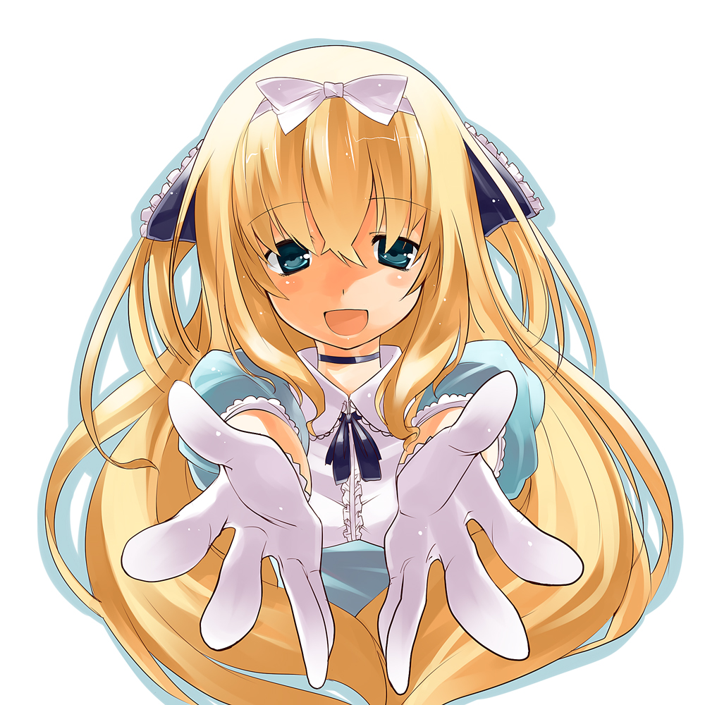 senri gan, gan, original, bad id, bad pixiv id, 1girl, blonde hair, dress, female focus, gloves, green eyes, hair ribbon, long hair, ribbon, solo