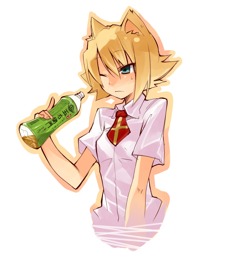 senri gan, gan, original, bad id, bad pixiv id, 1girl, animal ears, bottle, female focus, fox ears, green eyes, necktie, shirt, solo, sweat, tea, white shirt