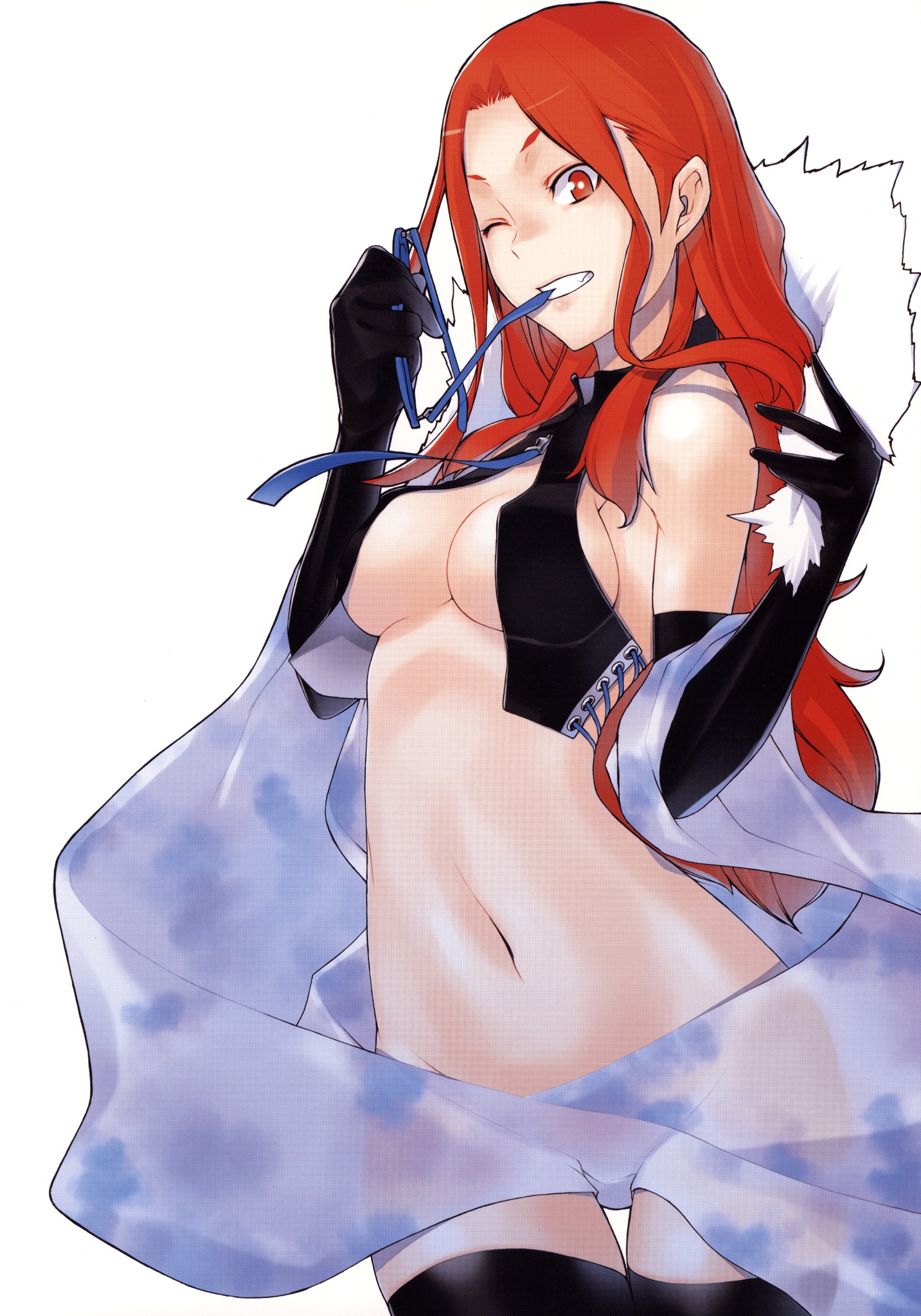 yasuda suzuhito, kujou hinako, devil survivor (series), devil survivor 2, fur, highres, official art, source request, tagme, 10s, 1girl, black gloves, bottomless, breasts, cleavage, convenient censoring, elbow gloves, female focus, glasses, gloves, groin, long hair, looking at viewer, matching hair/eyes, navel, red eyes, red hair, solo, striped background, thighhighs, underboob