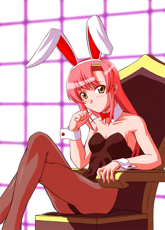 minazuki honoo, katsura hinagiku, hayate no gotoku!, 00s, 1girl, animal ears, chair, crossed legs, fake animal ears, female focus, long hair, long legs, pantyhose, pink hair, playboy bunny, rabbit ears, sitting, solo, yellow eyes