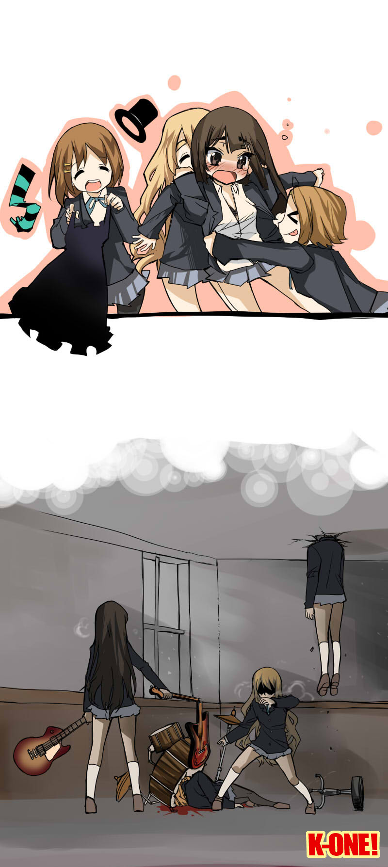 niyaururu, akiyama mio, hirasawa yui, kotobuki tsumugi, tainaka ritsu, don't say "lazy", higurashi no naku koro ni, k-on!, arm grab, bad id, bad pixiv id, highres, > <, 00s, 4girls, angry, bad end, bass guitar, black bra, blood, bra, broken, classroom, closed eyes, dressing, drum, drum set, dual wielding, electric guitar, fighting stance, gibson les paul, guitar, hat, head through ceiling, ho-kago tea time, holding, instrument, mini hat, mini top hat, multiple girls, pantyhose, school, school uniform, shaded face, stuck, top hat, underwear, yandere