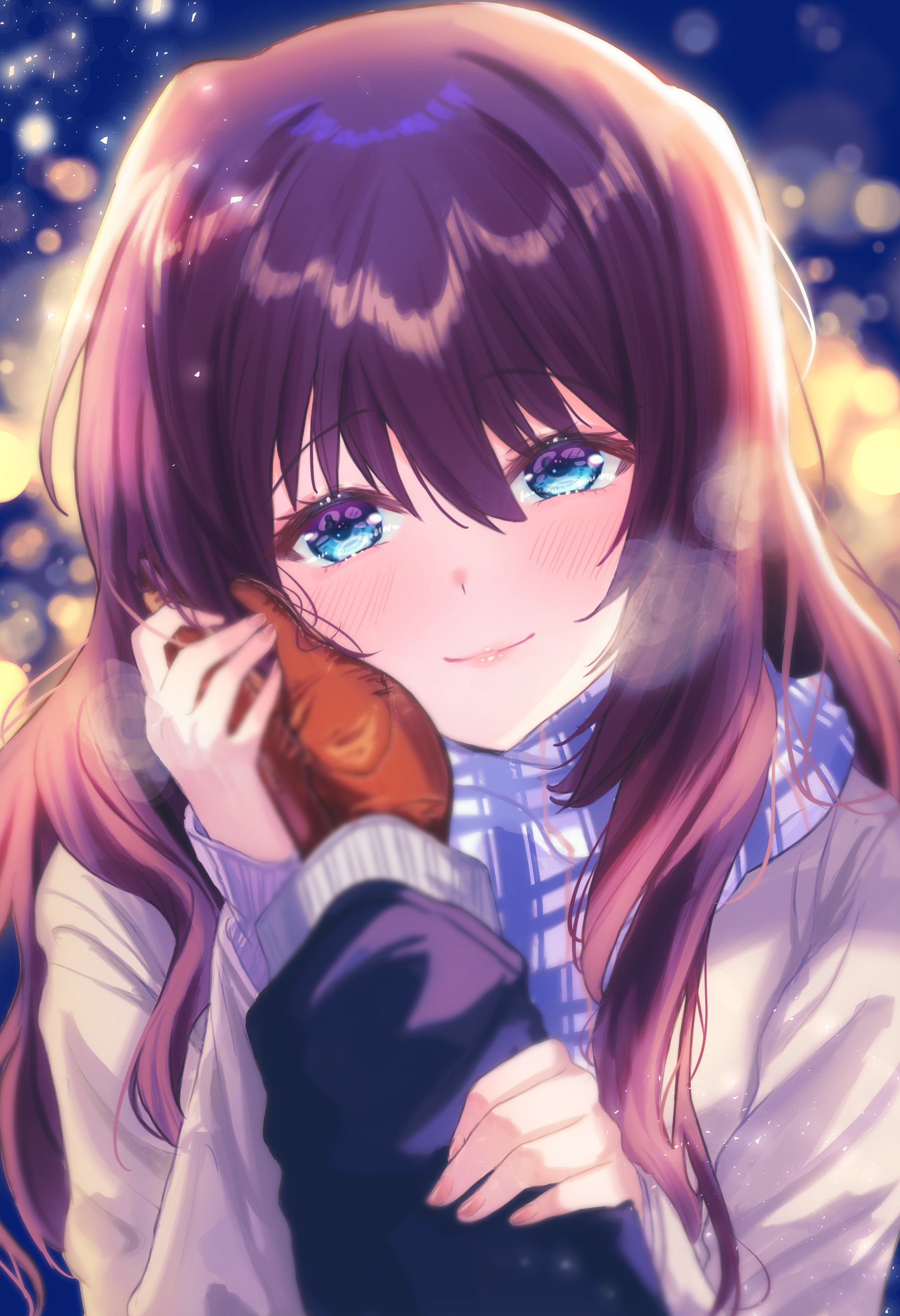 miiizuno lbs, a-chan (little busters!), natsume kyousuke, little busters!, absurdres, commentary request, highres, 1boy, 1girl, alternate costume, backlighting, blue eyes, blurry, blush, breath, brown coat, brown hair, brown mittens, christmas, closed mouth, coat, couple, depth of field, eyelashes, fingernails, grabbing another's arm, hair between eyes, hand on another's cheek, hand on another's face, happy, hetero, holding hands, light particles, lips, long hair, long sleeves, looking at viewer, mittens, night, outdoors, plaid clothes, plaid scarf, pov, pov hands, scarf, sidelocks, smile, solo focus, straight-on, upper body, very long hair, winter, winter clothes