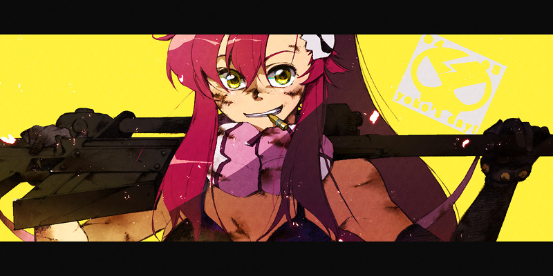 akutsu (yuumi), yoko littner, tengen toppa gurren lagann, 00s, bruise, bullet, grin, gun, hair ornament, hairclip, injury, long hair, mouth hold, ponytail, red hair, smile, weapon, yellow eyes, yoko's day