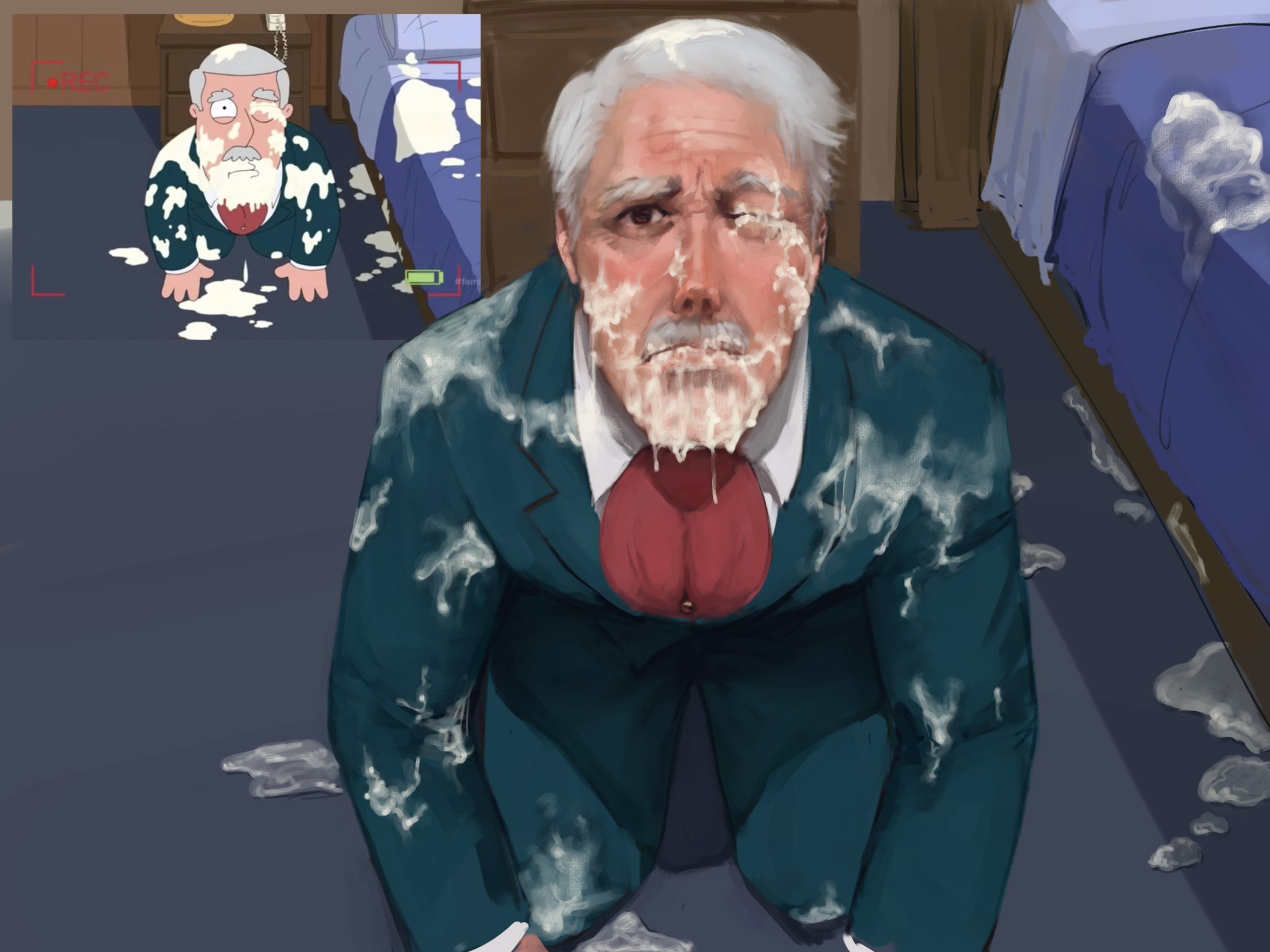 family guy, commentary, english commentary, highres, 1boy, all fours, bara, bed, carter pewterschmidt, facial hair, formal clothes, grey hair, indoors, looking at viewer, male focus, mature male, mustache, old, old man, oldmanyao1, one eye closed, realistic, screenshot inset, short hair, simulated facial, solo, suggestive fluid, suit, wrinkled skin