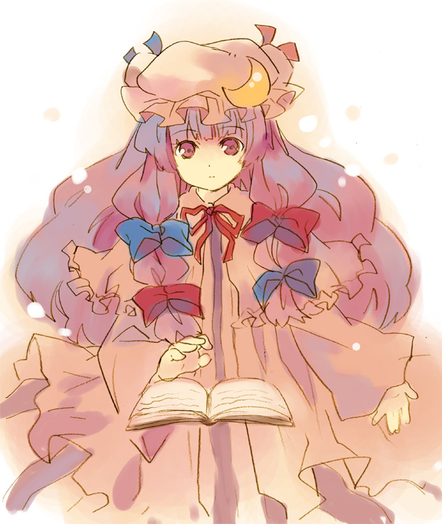 shatiko, patchouli knowledge, touhou, bad id, bad pixiv id, 1girl, book, dress, female focus, gradient background, hat, long hair, purple eyes, purple hair, solo