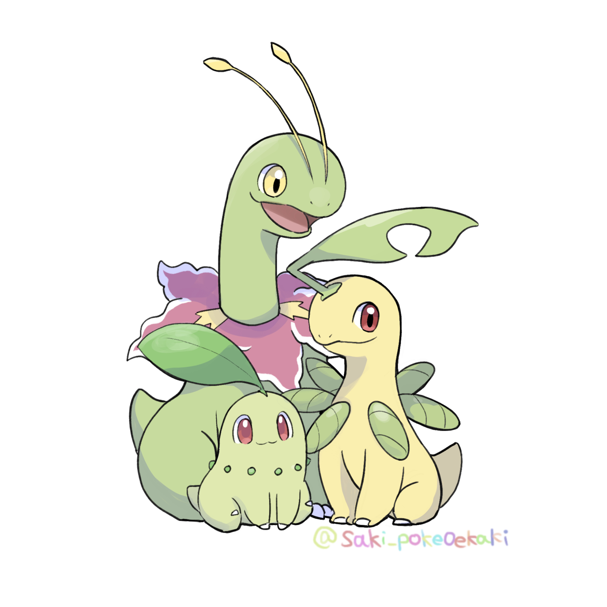 saki pokeoekaki, bayleef, chikorita, meganium, nintendo, pokemon, commentary request, highres, :3, antennae, closed mouth, evolutionary line, gen 2 pokemon, leaf, no humans, nostrils, open mouth, pokemon (creature), pokemon focus, red eyes, simple background, smile, white background, yellow eyes