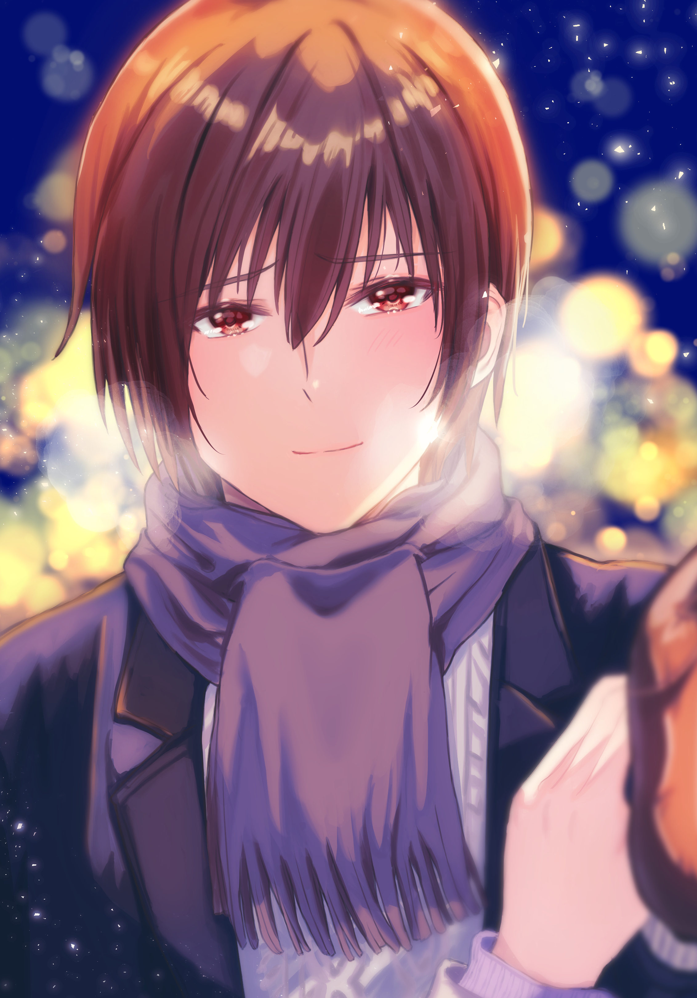 miiizuno lbs, a-chan (little busters!), natsume kyousuke, little busters!, absurdres, commentary request, highres, 1boy, 1girl, alternate costume, backlighting, black jacket, blurry, blush, breath, brown eyes, brown hair, christmas, closed mouth, depth of field, female pov, furrowed brow, hair between eyes, hetero, jacket, light particles, looking at viewer, male focus, night, open clothes, open jacket, outdoors, pov, pov hands, purple scarf, scarf, short hair, smile, solo focus, straight-on, tsurime, upper body, winter, winter clothes