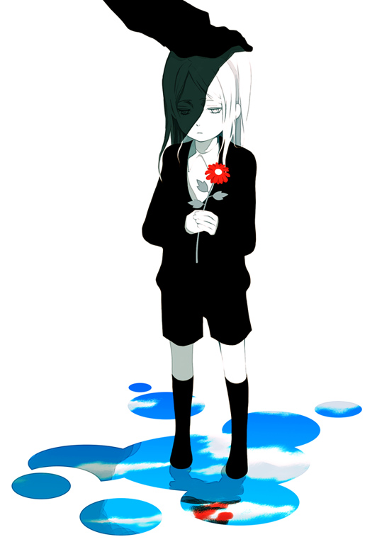 8055, kagamine rin, okinaga zenya, sweet pool, vocaloid, bad id, bad pixiv id, 1boy, 1girl, aged down, child, female focus, flower, headpat, male focus, male hand, monochrome, reflection, sad, simple background, sky, socks, solo, spot color