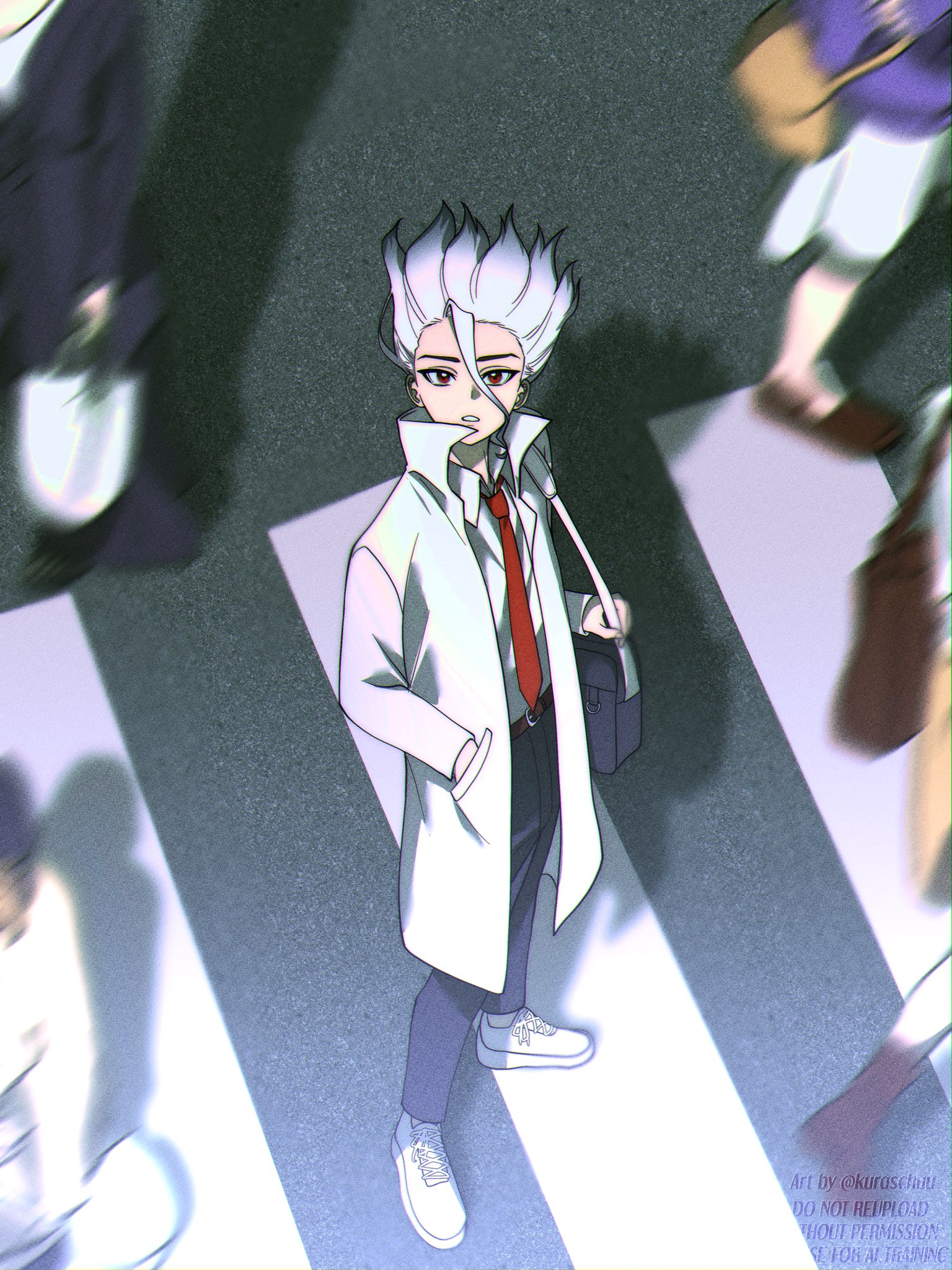 ishigami senkuu, dr. stone, highres, 1boy, bag, black pants, coat, collared shirt, crosswalk, grey hair, hand in pocket, kuraschuu, lab coat, looking at viewer, male focus, necktie, pants, red eyes, red necktie, school bag, school uniform, shirt, shoes, short hair, shoulder bag, sneakers, spiked hair, white coat, white hair, white shirt
