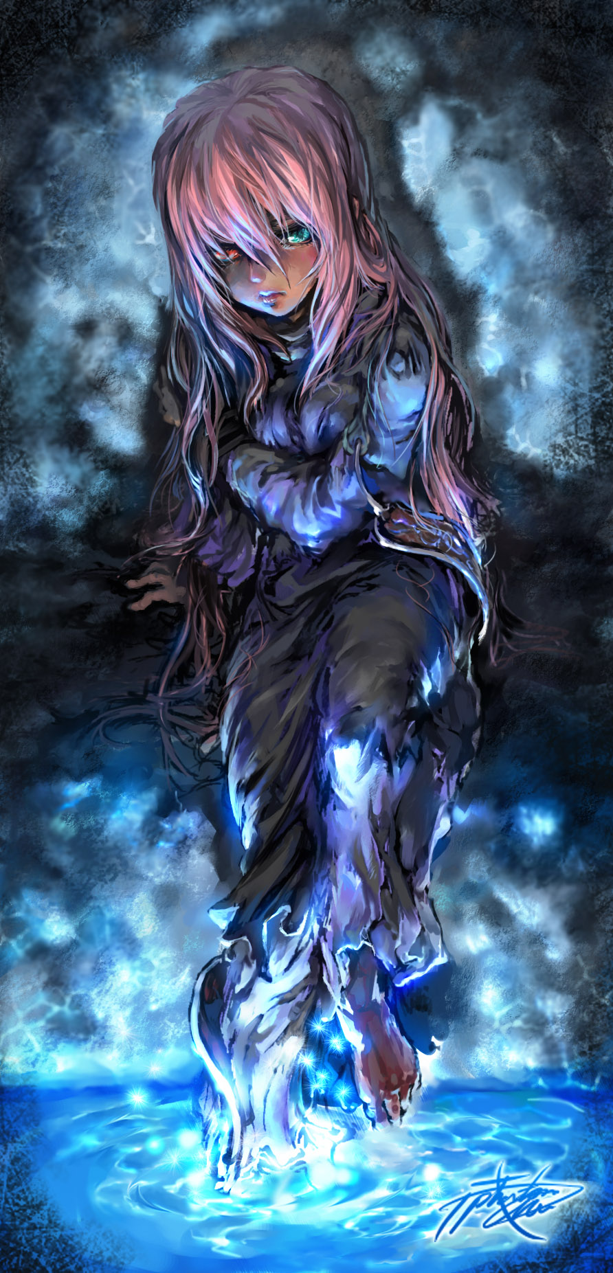 phantom ix row, original, highres, barefoot, heterochromia, long hair, pink hair, torn clothes, water