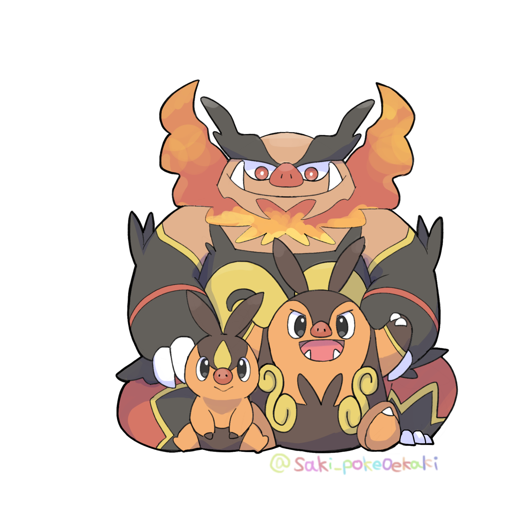 saki pokeoekaki, emboar, pignite, tepig, nintendo, pokemon, commentary request, highres, bright pupils, closed mouth, evolutionary line, fangs, fire, gen 5 pokemon, nostrils, open mouth, pokemon (creature), pokemon focus, red eyes, simple background, sitting, smile, white background, white pupils