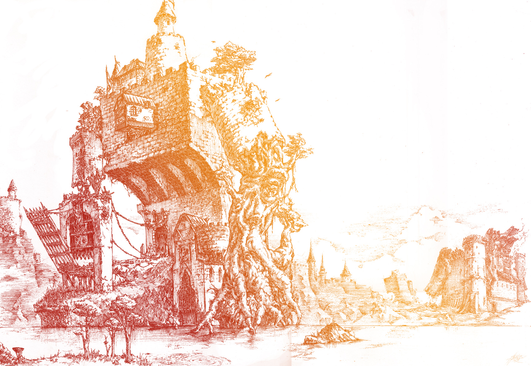 phantom ix row, original, highres, building, castle, cloud, fantasy, plant, ruins, sky, tree, water