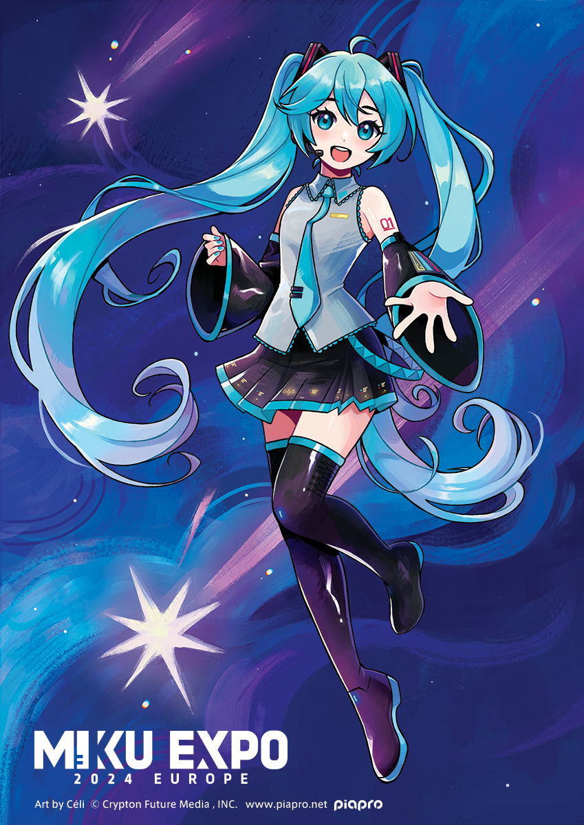 pianta celi, hatsune miku, vocaloid, commentary, english commentary, highres, official art, second-party source, 1girl, :d, ahoge, aqua hair, aqua nails, aqua necktie, arm tattoo, artist name, black boots, black skirt, black sleeves, blue eyes, boots, character name, collared shirt, company name, copyright name, copyright notice, detached sleeves, fingernails, grey shirt, hatsune miku expo, headset, long hair, long sleeves, nail polish, necktie, number tattoo, open mouth, pleated skirt, shirt, skirt, sleeveless, sleeveless shirt, smile, solo, tattoo, teeth, thigh boots, tie clip, tongue, twintails, upper teeth only, very long hair