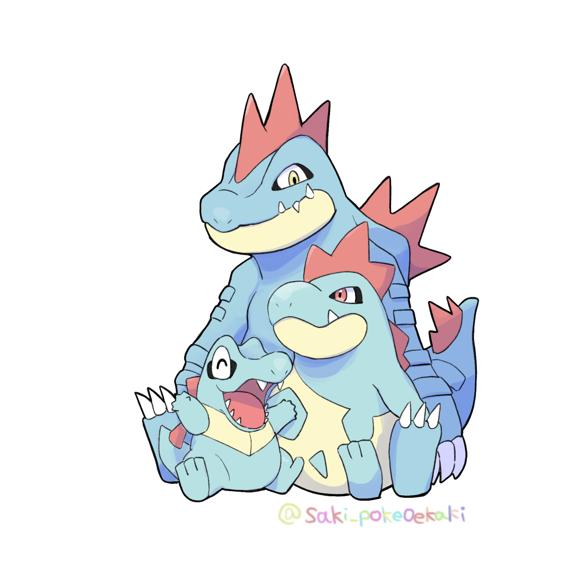saki pokeoekaki, croconaw, feraligatr, totodile, nintendo, pokemon, commentary request, highres, closed mouth, evolutionary line, fangs, gen 2 pokemon, no humans, nostrils, pokemon (creature), pokemon focus, red eyes, sharp teeth, simple background, smile, spines, teeth, white background, yellow eyes