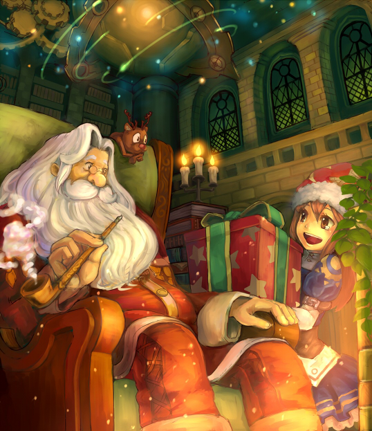 nigoro, santa claus, original, bad id, bad pixiv id, 1boy, 1girl, beard, brown eyes, brown hair, christmas, facial hair, hat, long hair, reindeer, santa costume, santa hat, smile, white hair