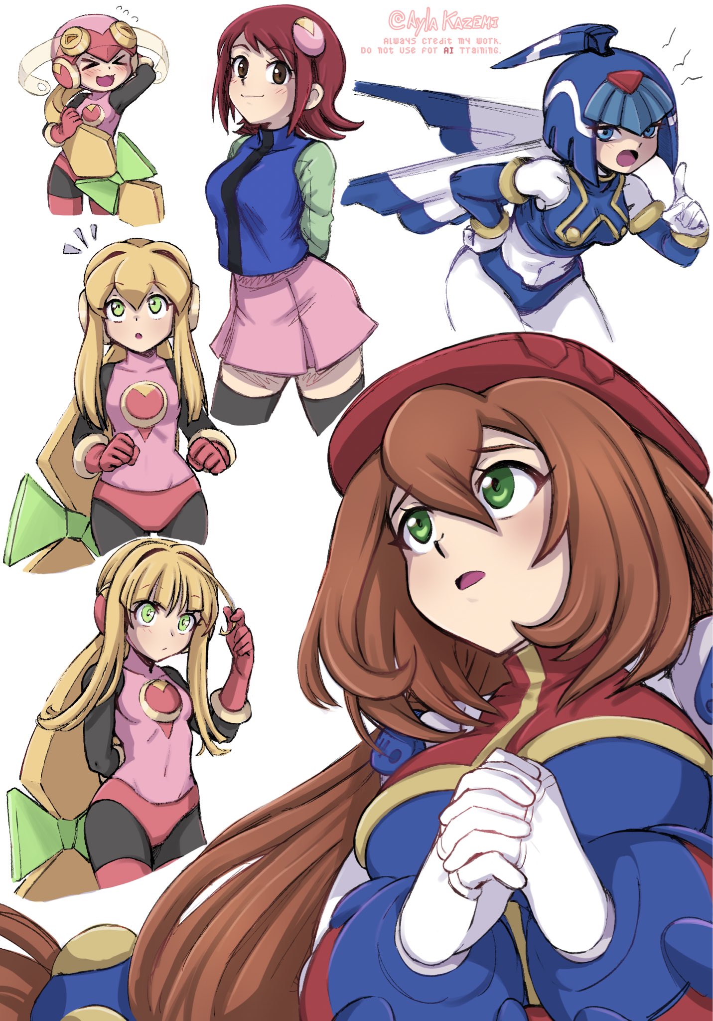 ayla kazemi, fairy leviathan (mega man), iris (mega man), mayl sakurai (mega man), roll.exe (mega man), mega man (series), mega man battle network (series), mega man x4, mega man x (series), mega man zero (series), highres, > <, 4girls, :3, arm behind back, black thighhighs, blonde hair, blue eyes, blue hair, blue vest, bow, breasts, brown eyes, closed mouth, frown, gloves, green bow, green eyes, green shirt, hair bow, hand in own hair, hand on own hip, helmet, large breasts, leaning forward, long hair, long sleeves, medium breasts, medium hair, multiple girls, open mouth, own hands together, pink gloves, pink skirt, ponytail, shirt, sidelocks, simple background, skirt, smile, standing, thighhighs, vest, white background, white gloves