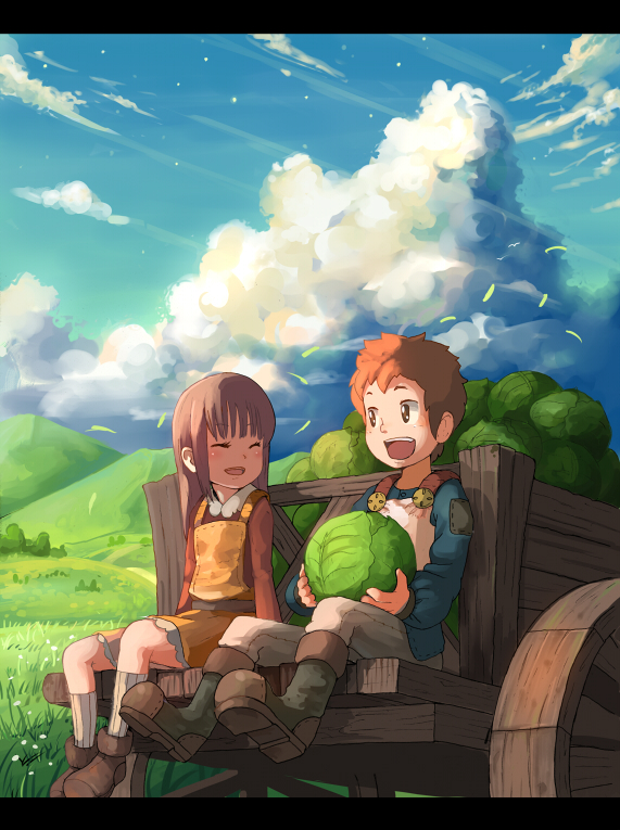 nigoro, original, bad id, bad pixiv id, 1boy, 1girl, :d, ^ ^, boots, brown eyes, brown hair, cabbage, cart, child, closed eyes, cloud, day, grass, happy, hill, landscape, letterboxed, open mouth, orange hair, outdoors, scenery, sitting, sky, smile, wagon