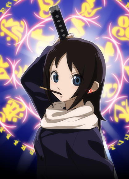 iyokawa, tsuchimiya kagura, ga-rei, ga-rei zero, 00s, blue eyes, brown hair, food, katana, mouth hold, pocky, scarf, solo, sword, weapon