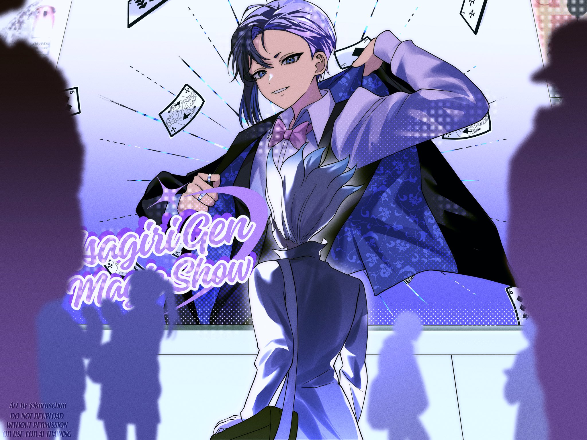 asagiri gen, ishigami senkuu, dr. stone, highres, 2boys, black hair, black jacket, bow, bowtie, card, collared shirt, earrings, formal clothes, from behind, grin, jacket, jewelry, kuraschuu, long sleeves, looking at viewer, male focus, mole, multiple boys, multiple others, pink bow, pink bowtie, playing card, purple hair, ring, shirt, short hair, silhouette, smile, suit, two-sided fabric, vest, white shirt
