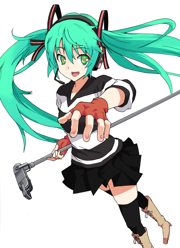 hyakuen raitaa, hatsune miku, vocaloid, bad id, bad pixiv id, 1girl, aqua hair, black thighhighs, boots, female focus, fingerless gloves, gloves, green eyes, hair ornament, headset, heart, long hair, microphone, microphone stand, miniskirt, pleated skirt, shirt, skirt, smile, solo, standing, symbol-shaped pupils, thighhighs, twintails, zettai ryouiki