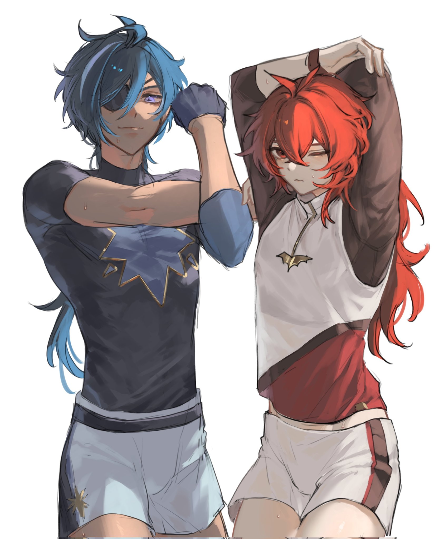 zehuij, diluc (genshin impact), kaeya (genshin impact), genshin impact, commentary request, highres, 2boys, alternate costume, arms up, blue eyes, closed mouth, cross-body stretch, eyepatch, gloves, hair between eyes, long hair, looking at viewer, male focus, midriff peek, multiple boys, one eye closed, red eyes, red hair, shorts, simple background, step-siblings, stretching, sweat, white background