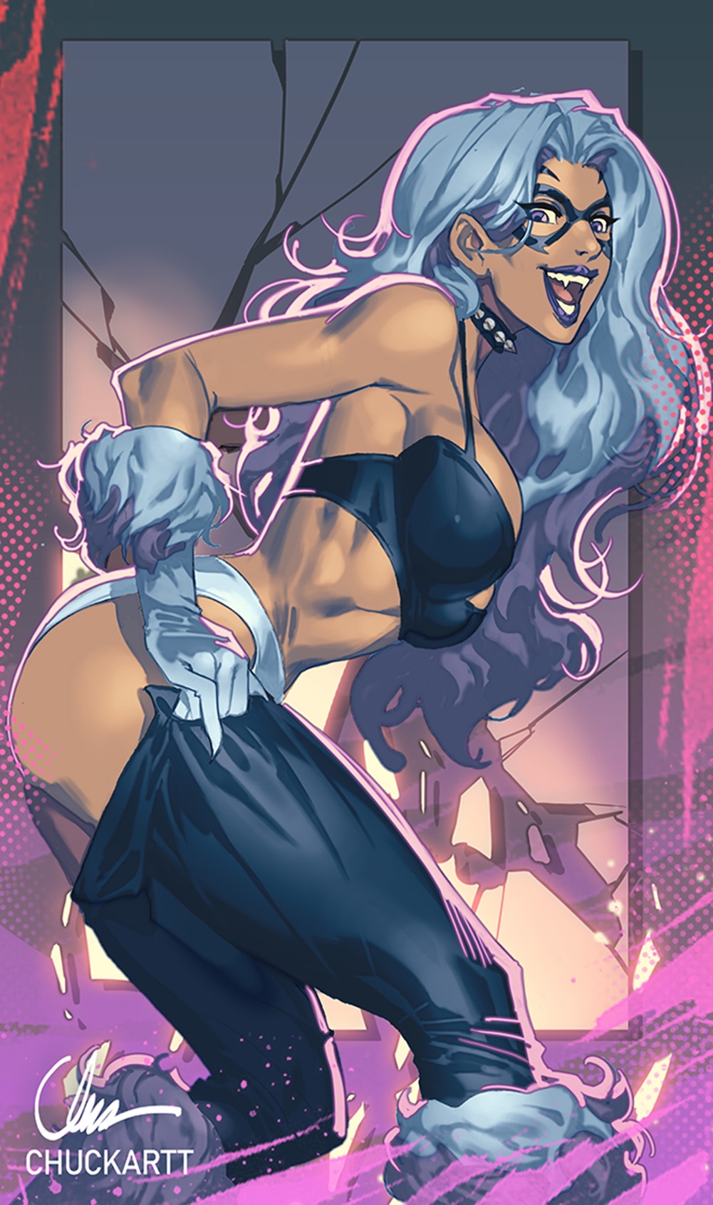 chuck pires, black cat (marvel), felicia hardy, marvel, spider-man (series), highres, 1girl, black bra, black lips, black panties, bodysuit, boots, bra, breasts, collar, domino mask, dressing, eye mask, fangs, from side, fur-trimmed boots, fur-trimmed gloves, fur trim, gloves, grey hair, large breasts, leaning forward, long hair, mask, open mouth, panties, purple eyes, smile, solo, spiked collar, spikes, toned, toned female, underwear, white gloves, white panties