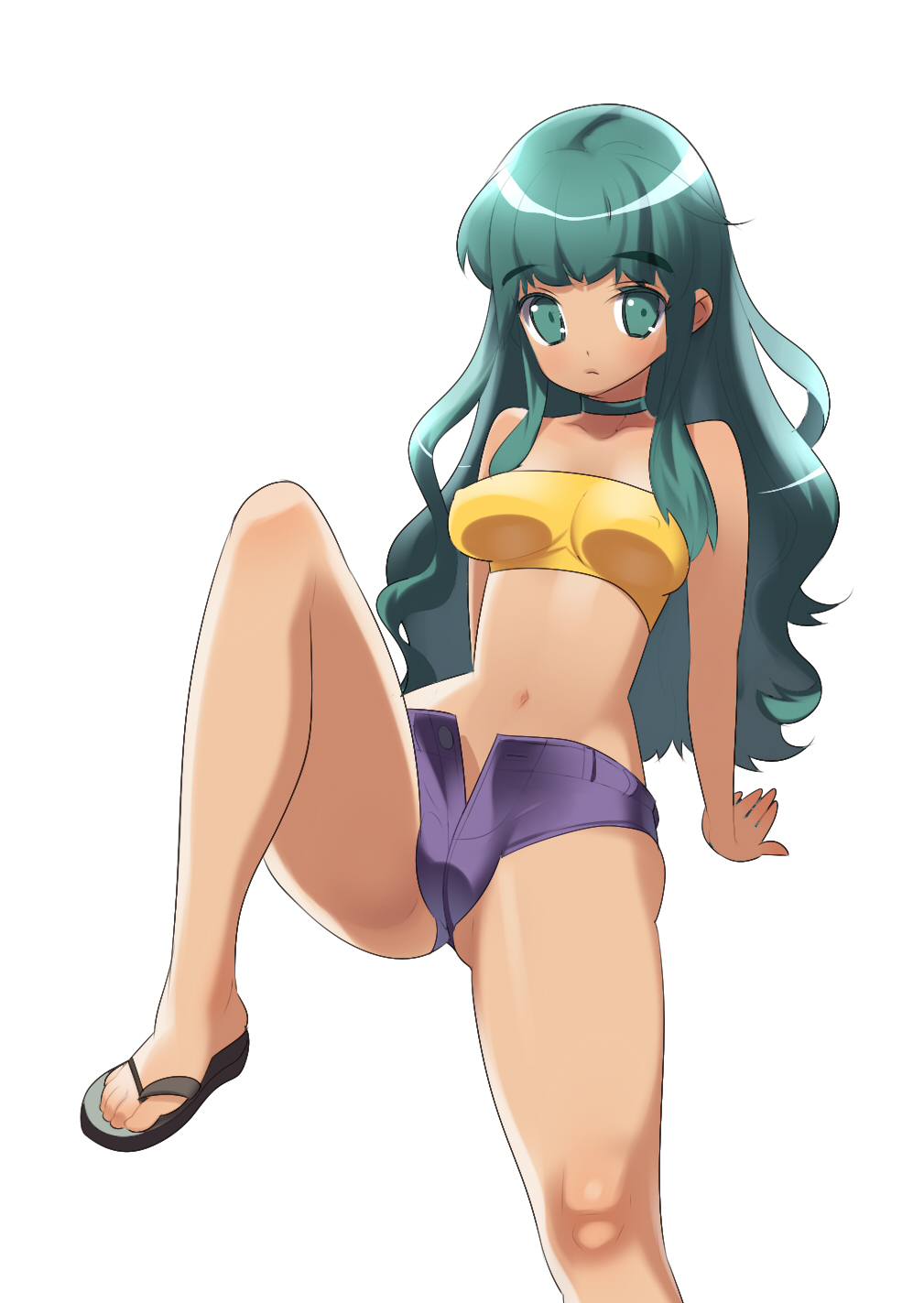 tensugi takashi, original, bad id, bad pixiv id, highres, 1girl, bandeau, breasts, choker, dark-skinned female, dark skin, feet, female focus, flip-flops, green eyes, green hair, large breasts, legs, long hair, matching hair/eyes, midriff, open fly, sandals, short shorts, shorts, solo, strapless, tube top, unzipped, zipper
